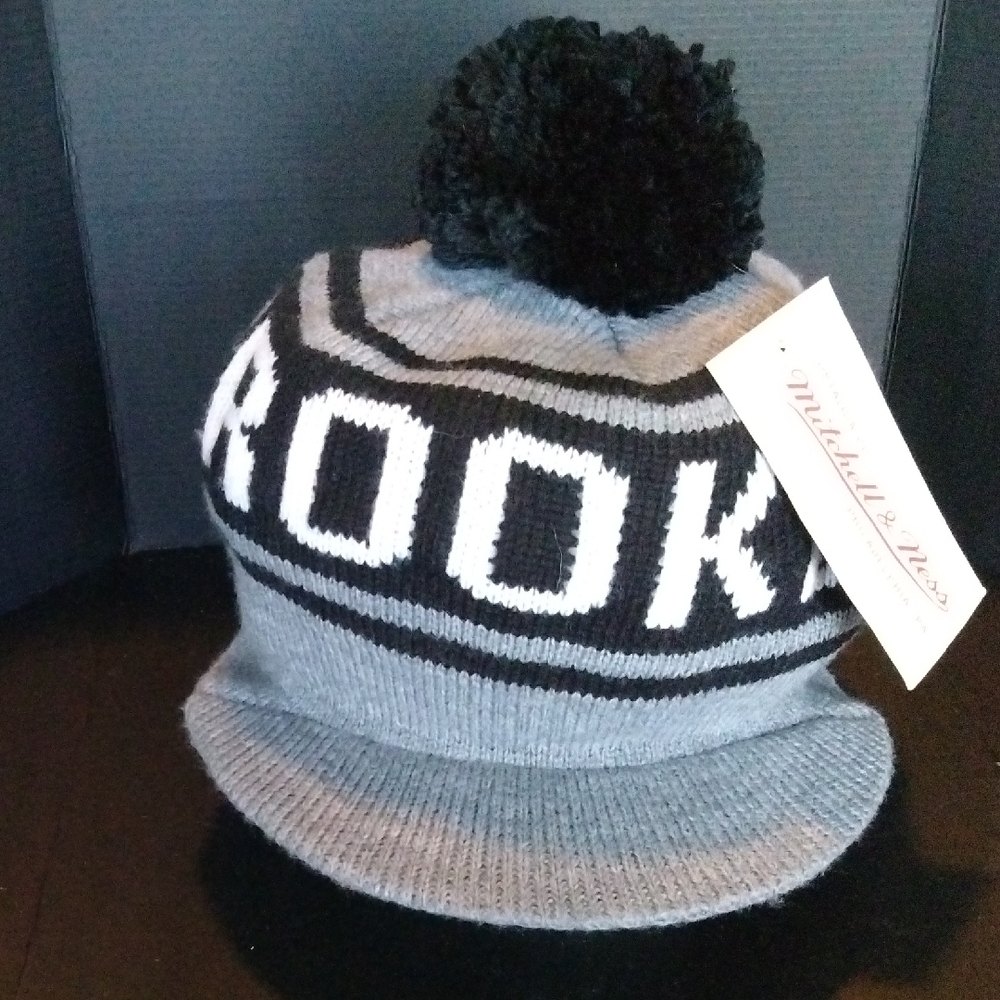 Mitchell & Ness Black and Gray Knit Hat with Pom-Pom